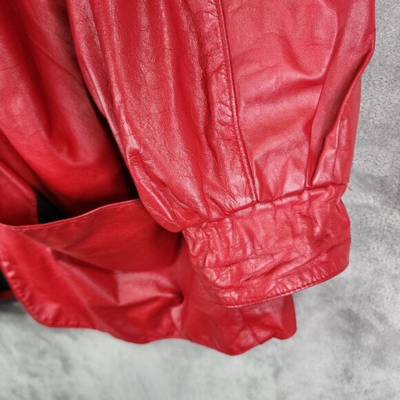 Vintage Red Leather Coat with Black Fox Fur Collar & Large Pockets Size XXL - Picture 7 of 10